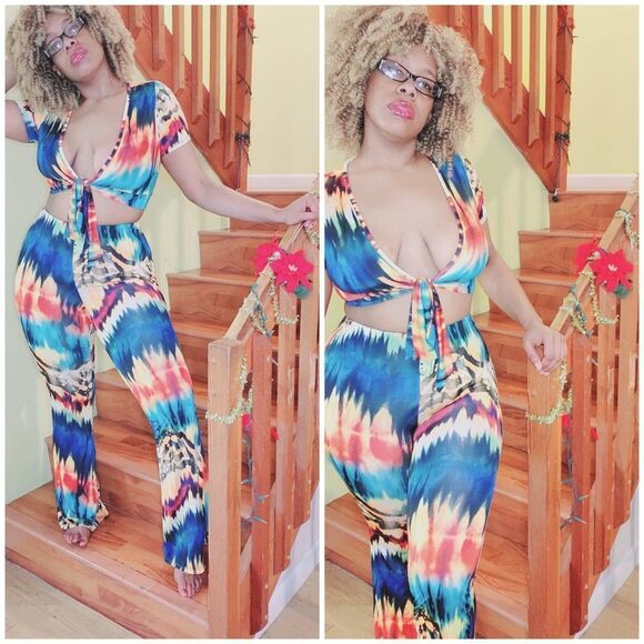 Multicolored Pants & Cropped Top Set - Picture 1 of 6